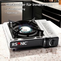 Rsonic Gaskocher mit Zündsicherung GASSTOP für Innenraum | Campingkocher Set mit Kartuschen für Outdoor kochen Balkon Camping… 4 Kartuschen